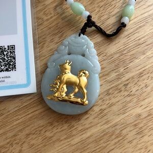 Jade Necklace with Pure Gold Dog Zodiac Embedded